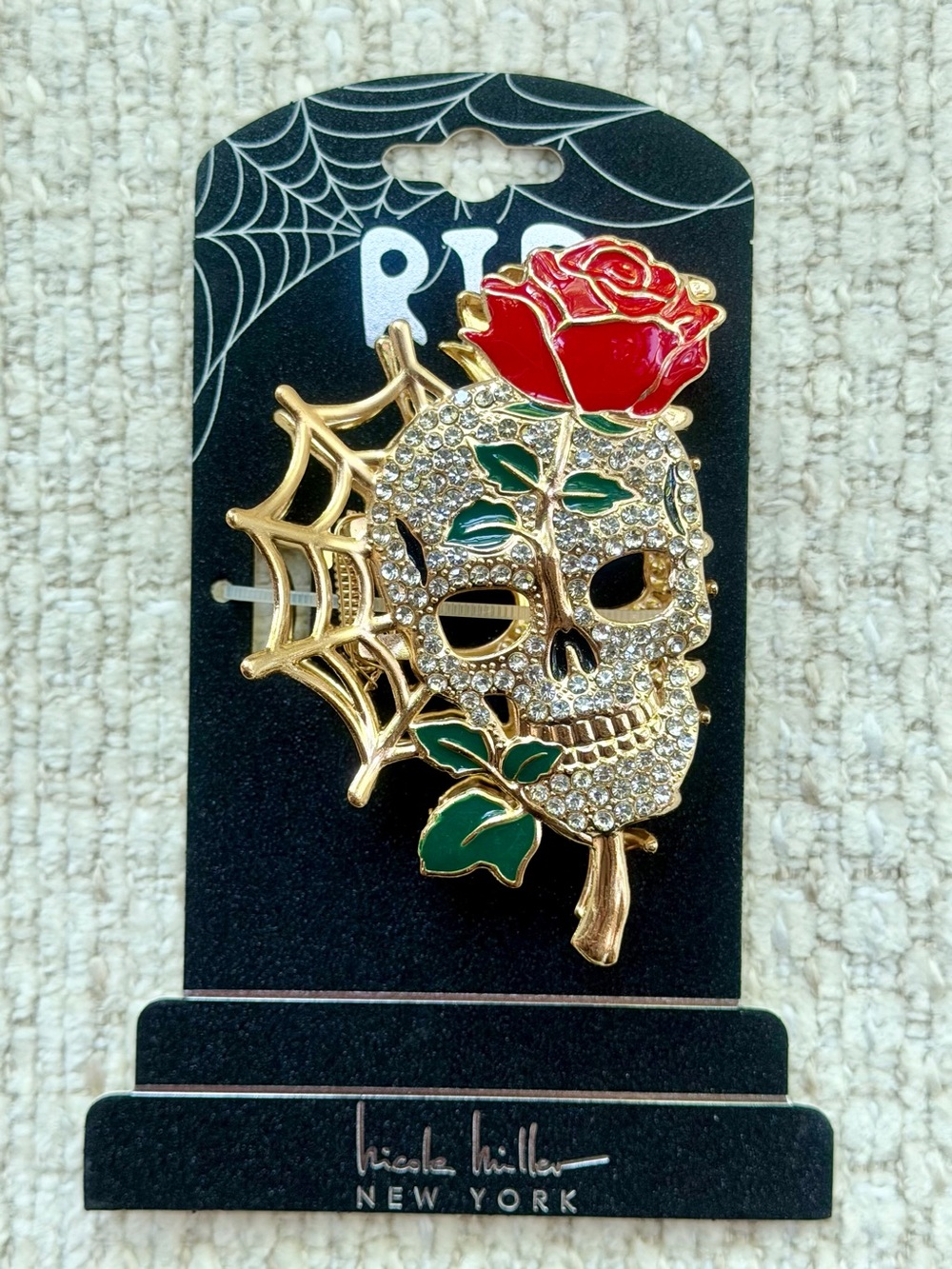 Nicole Miller Skull Rose Hair Clip Metal Claw Rhinestone Enamel Halloween New